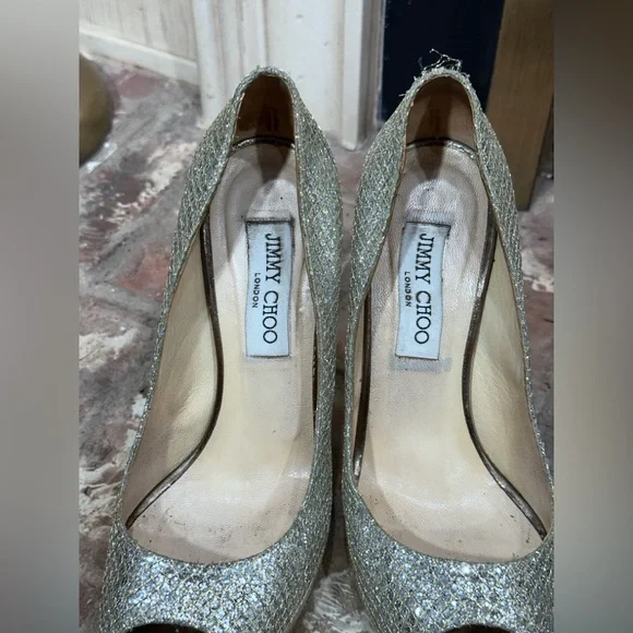 Jimmy Choo Glitter Platform Heels Size 38 EU /8 US Gold Silver Sparkle Stilettos - Picture 11 of 16